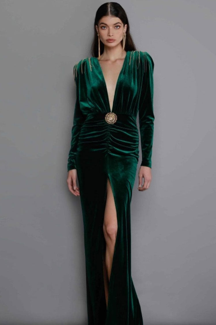 Emerald Green Plunge V-Neck Chain Shoulder Velvet Ruched High Slit Maxi Dress