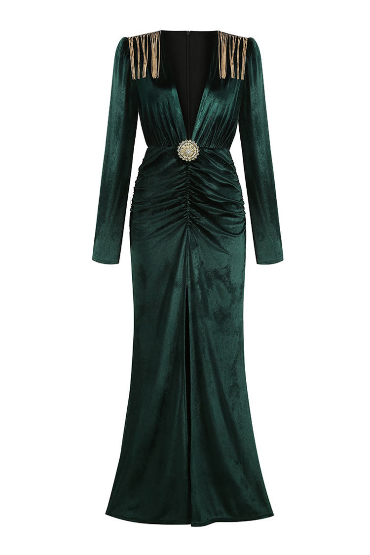 Emerald Green Plunge V-Neck Chain Shoulder Velvet Ruched High Slit Maxi Dress