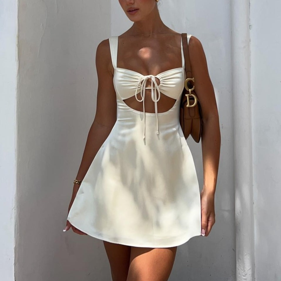 Sweetheart Ruched Tie Front Cutout Satin A-Line Mini Dress