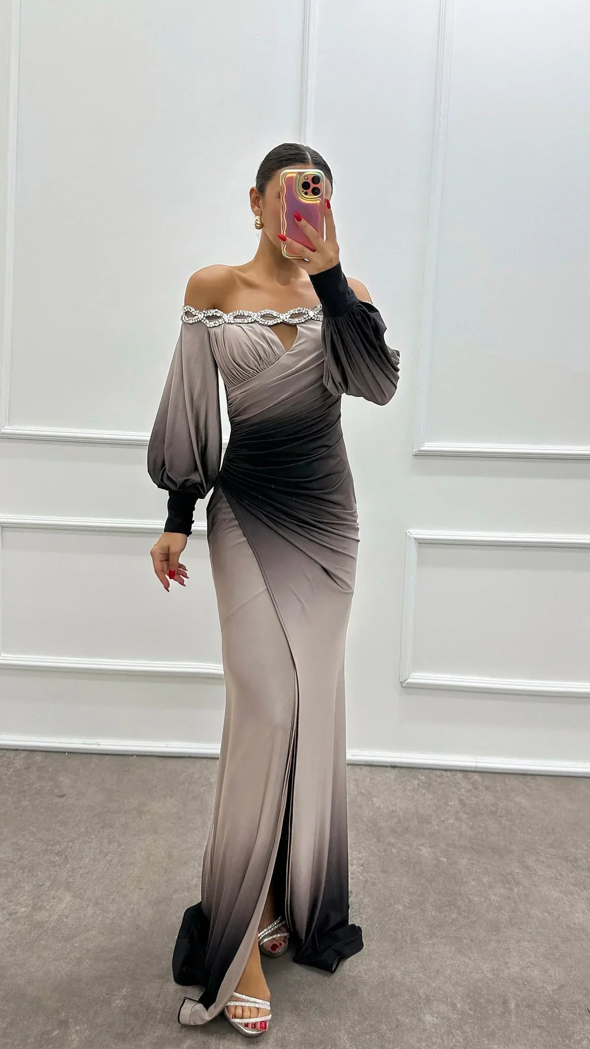 Off-Shoulder Rhinestone Trim Cutout Puff Sleeve Ruched High Slit Mermaid Gown
