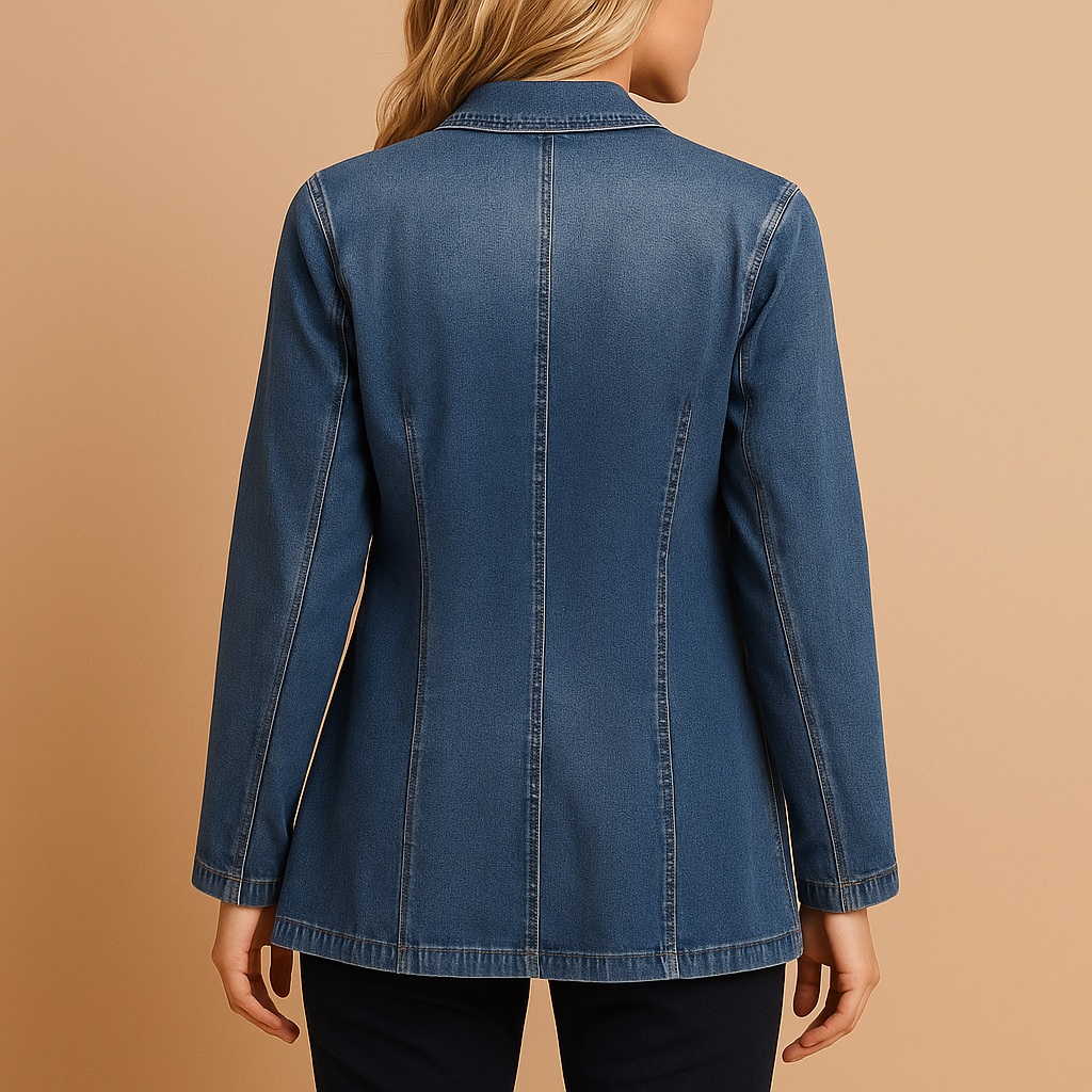 Blue Notch Lapel Denim Single Button Patch Pocket Fitted Blazer