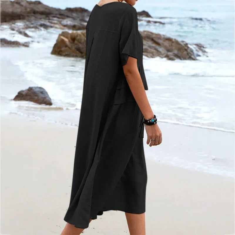 Round Neck Short Sleeve Linen Pocket Shift Midi Dress