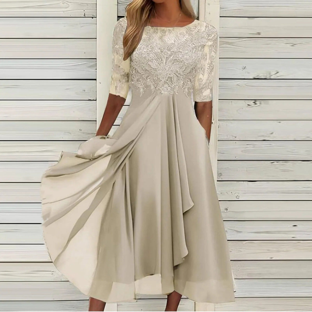 Illusion Neck Lace Applique Sequin Chiffon A-Line Midi Dress