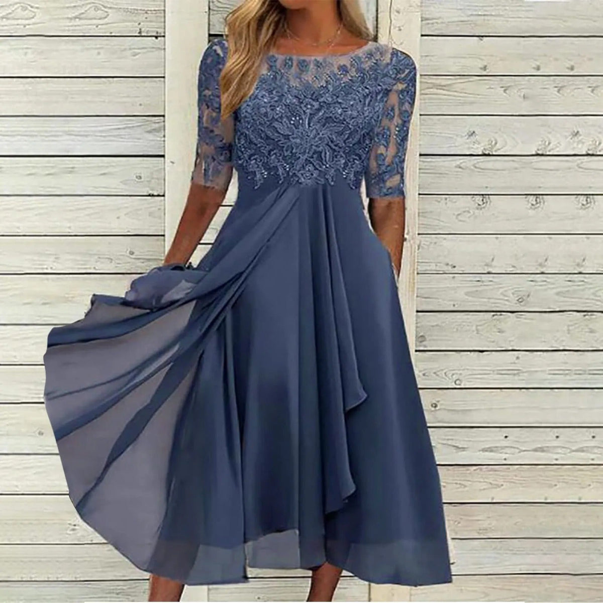 Round Neck Lace Applique Illusion Half Sleeve Chiffon Midi Dress