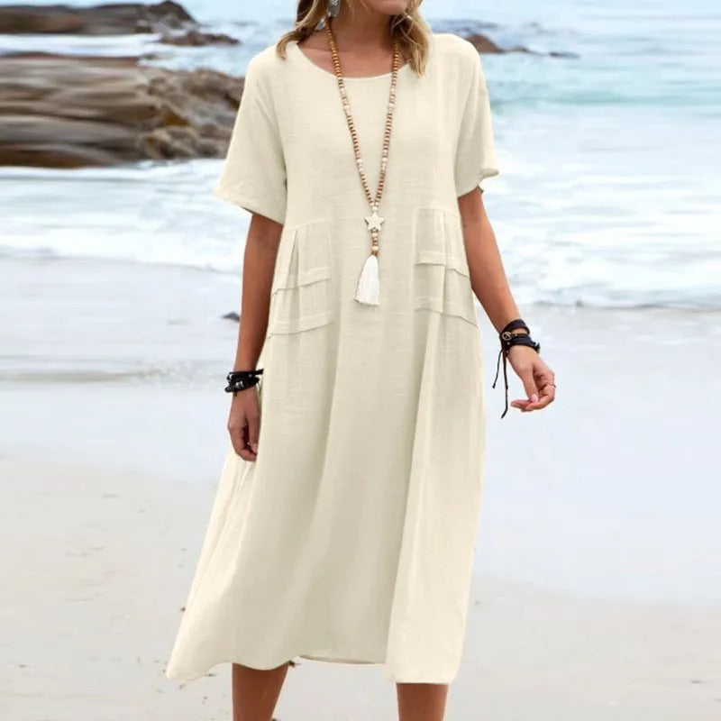 Round Neck Short Sleeve Linen Pocket Shift Midi Dress