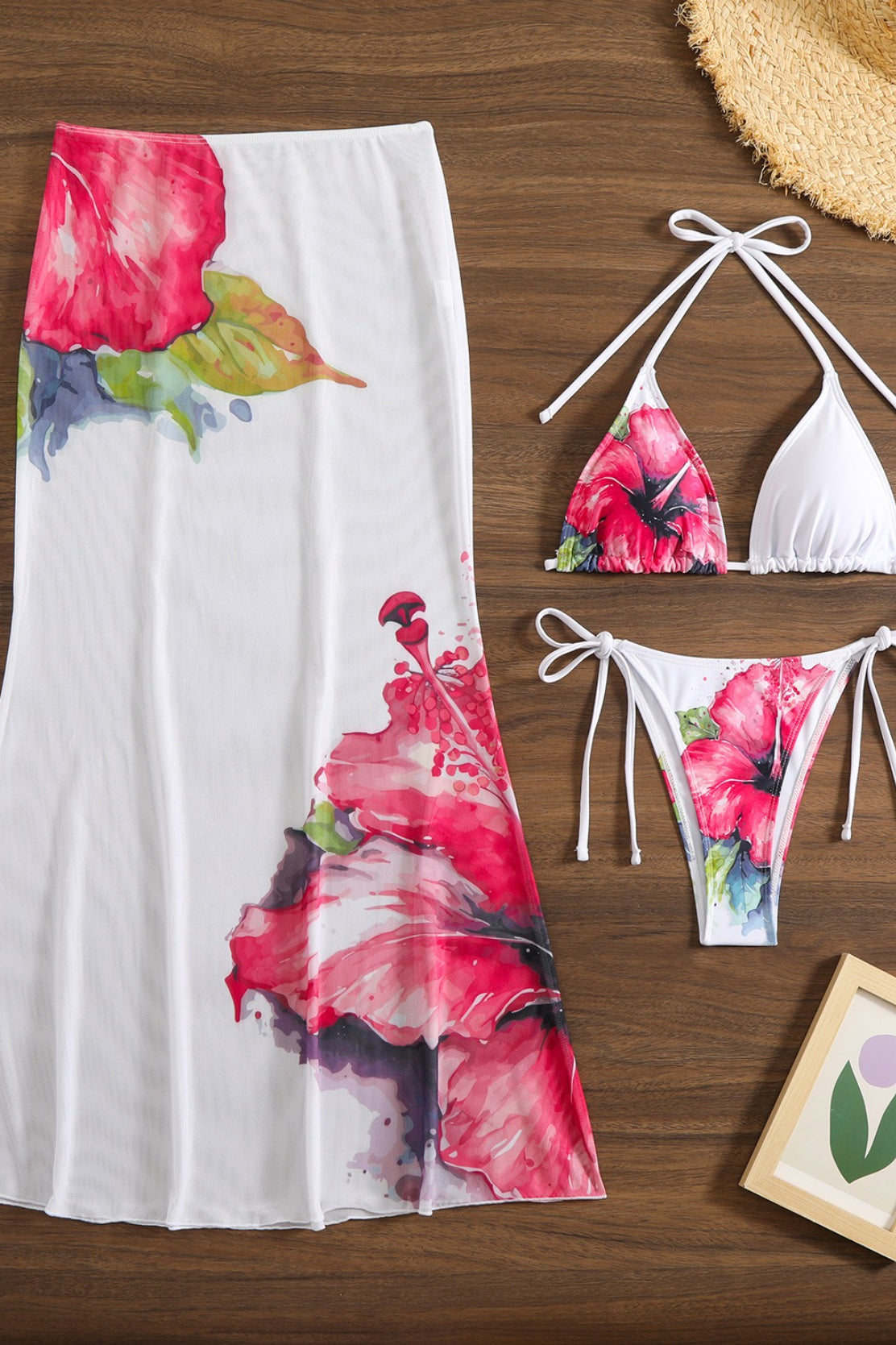 Floral Print Mesh Long Skirt Three Piece Swim Set