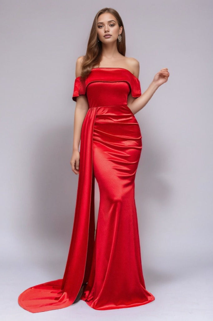 Solid Satin OffShoulder HighWaist Mermaid Silk Dress