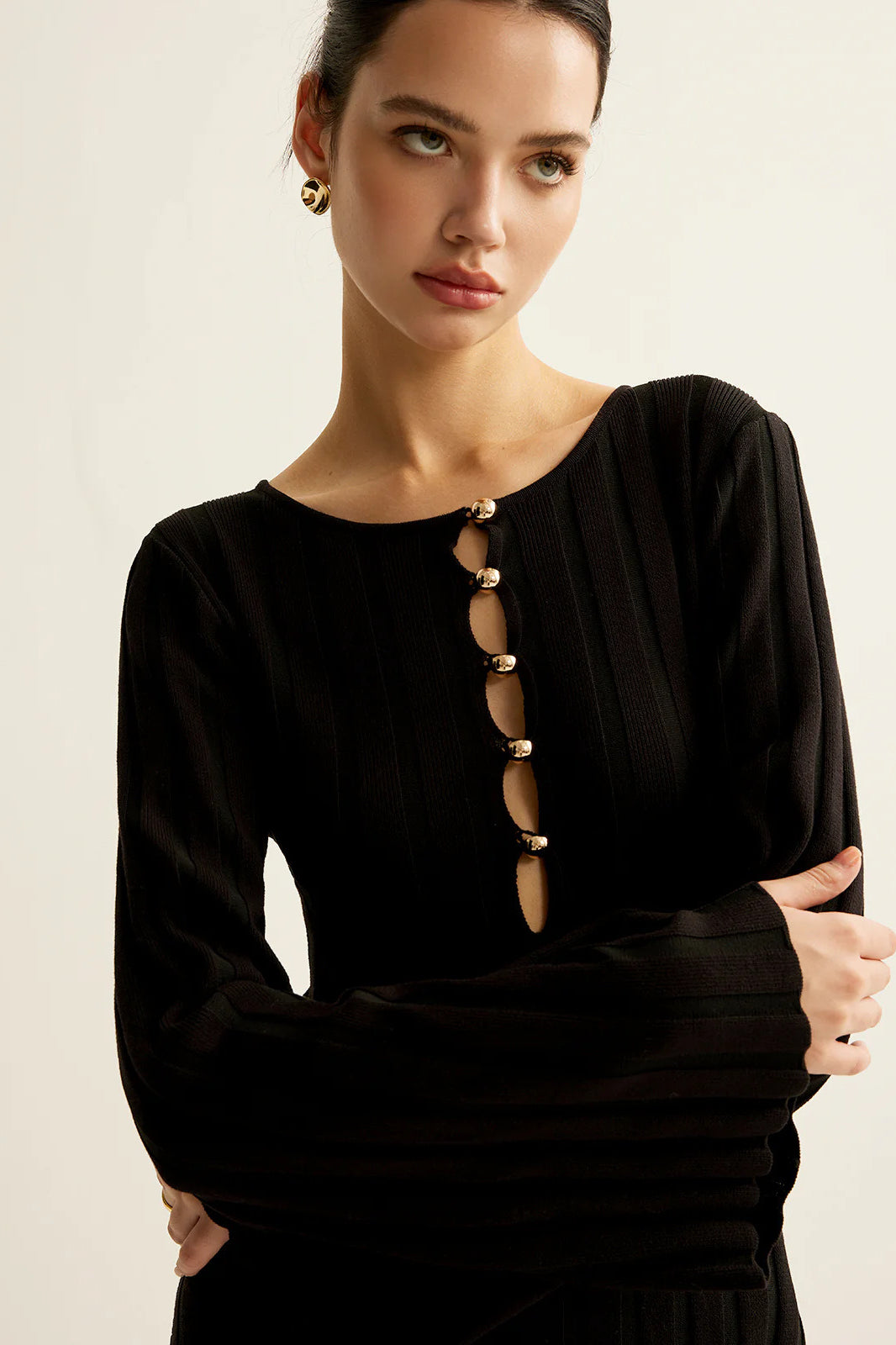 Black V-Neck Button Front Sweater Dress 2