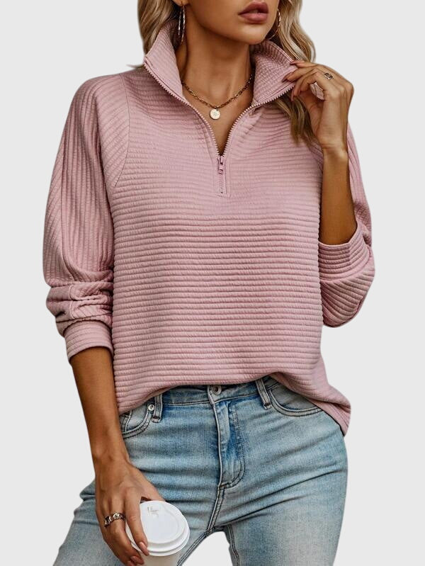 Quarter Zip Collar Long Sleeve Ribbed Textured Pullover Sweatshirt