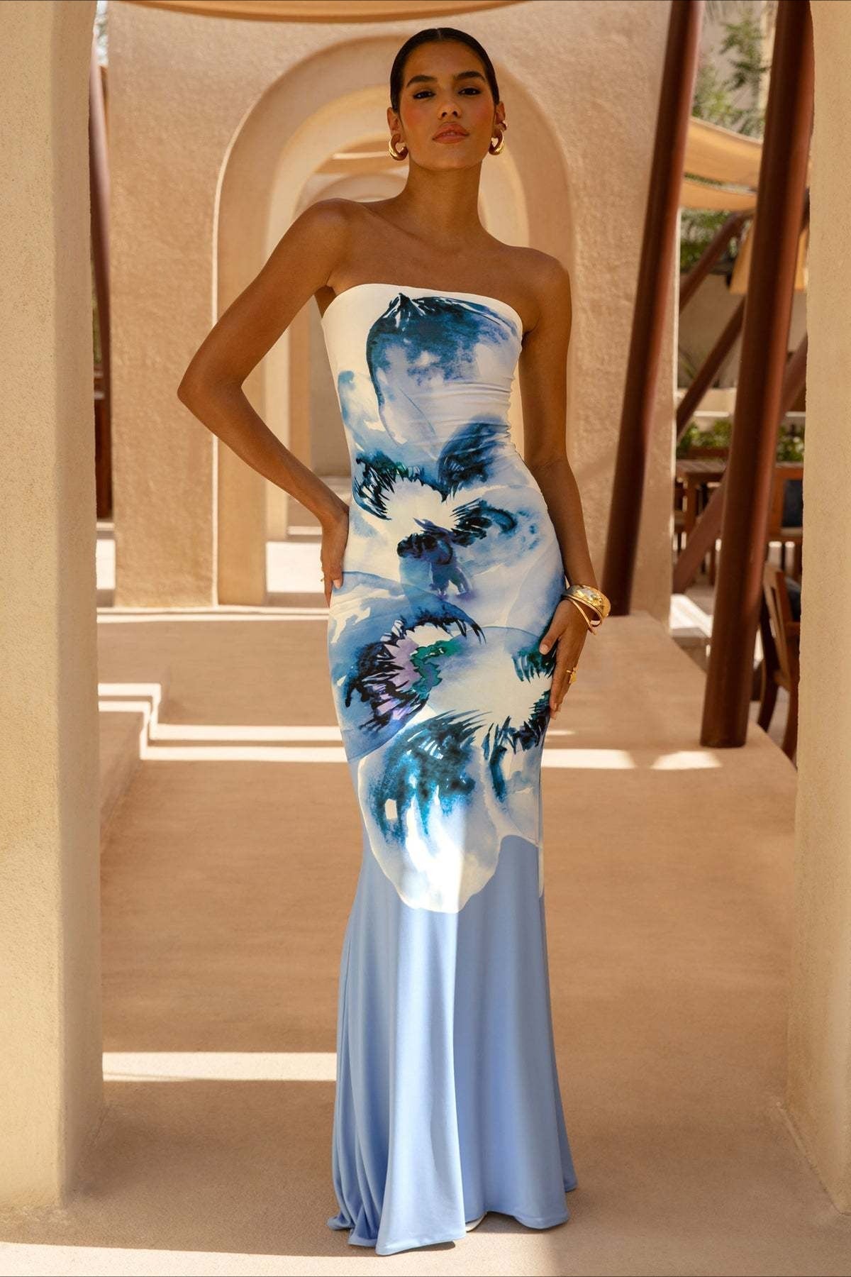 Strapless Painterly Floral Print Bodycon Mermaid Maxi Dress 10