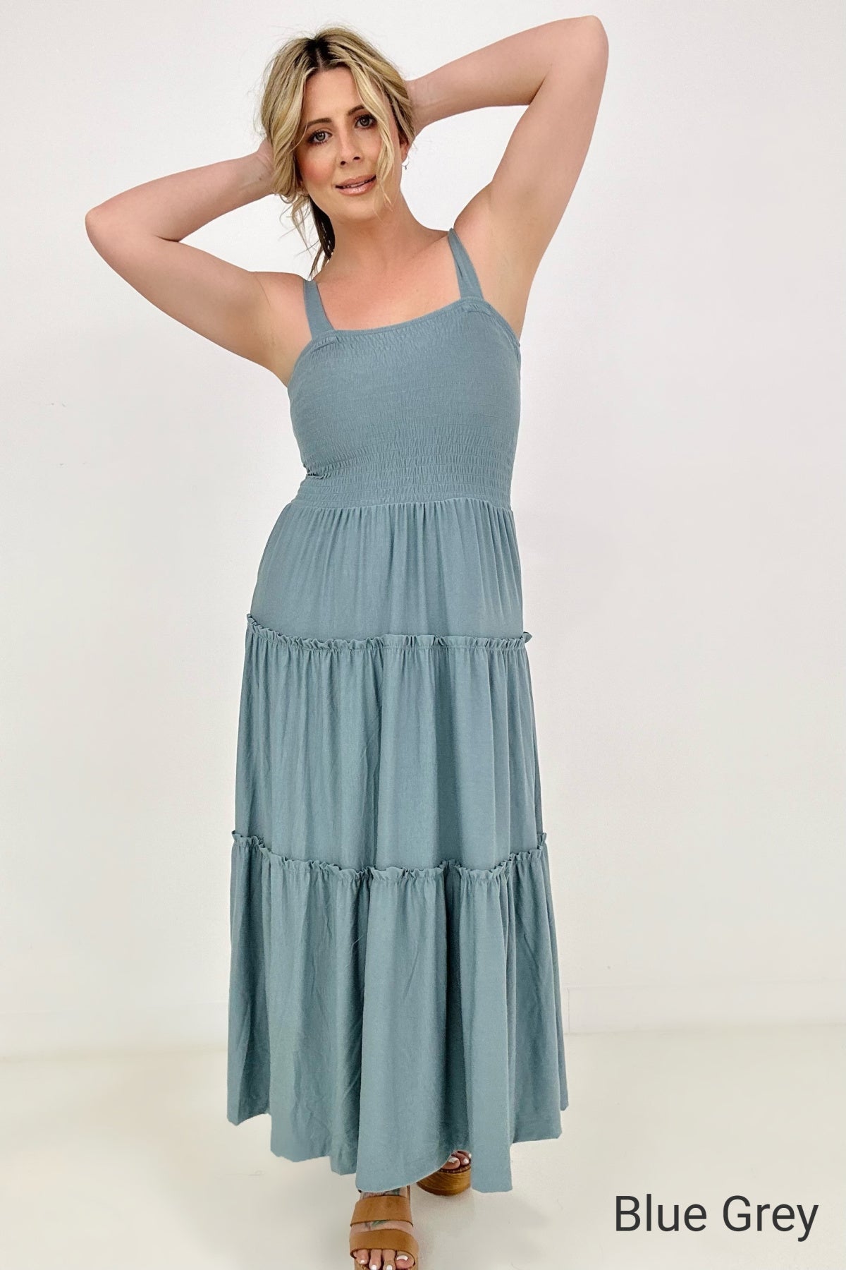Square Neck Smocked Tiered A-Line Maxi Dress
