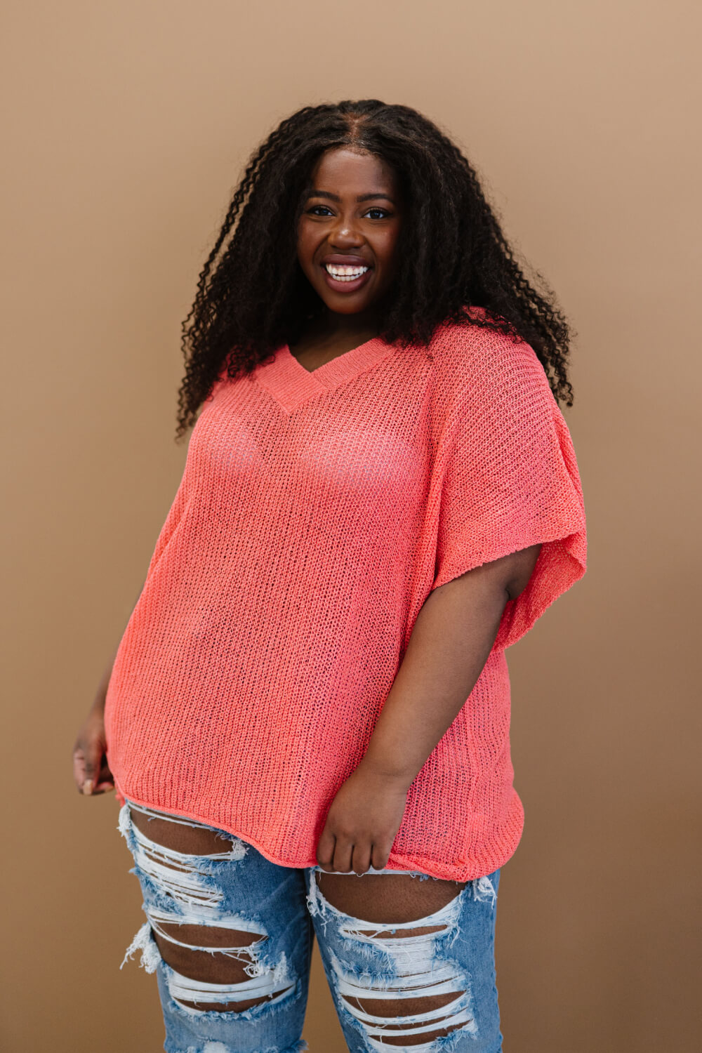 Deep Coral V-Neck Short Sleeve Openwork Loose Knit Sweater