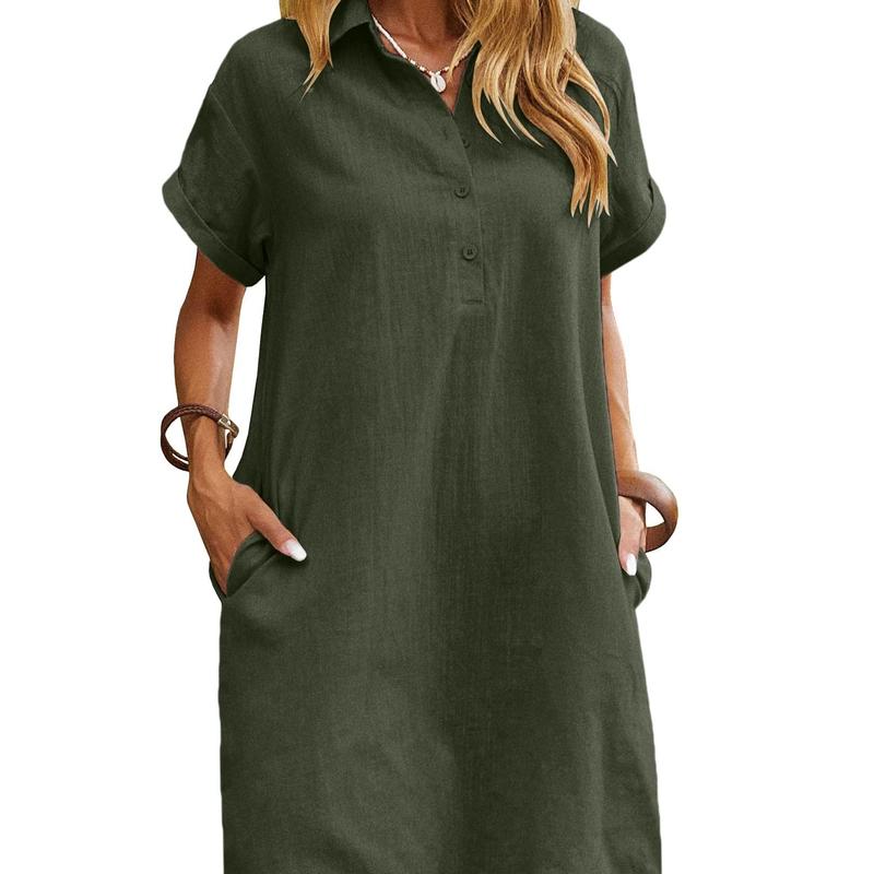 Collared Half Button Short Sleeve Pocket Shift Midi Dress