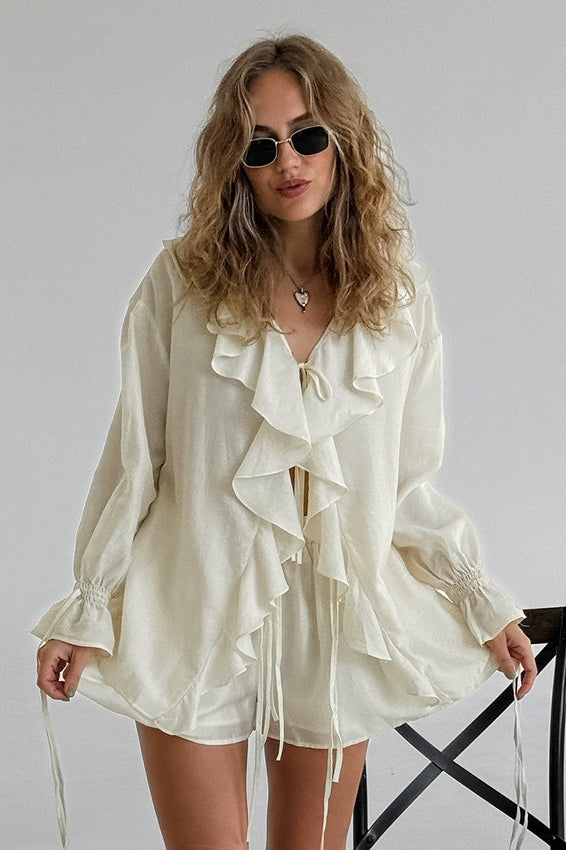 V Neck Relaxed Ruffle Blouse