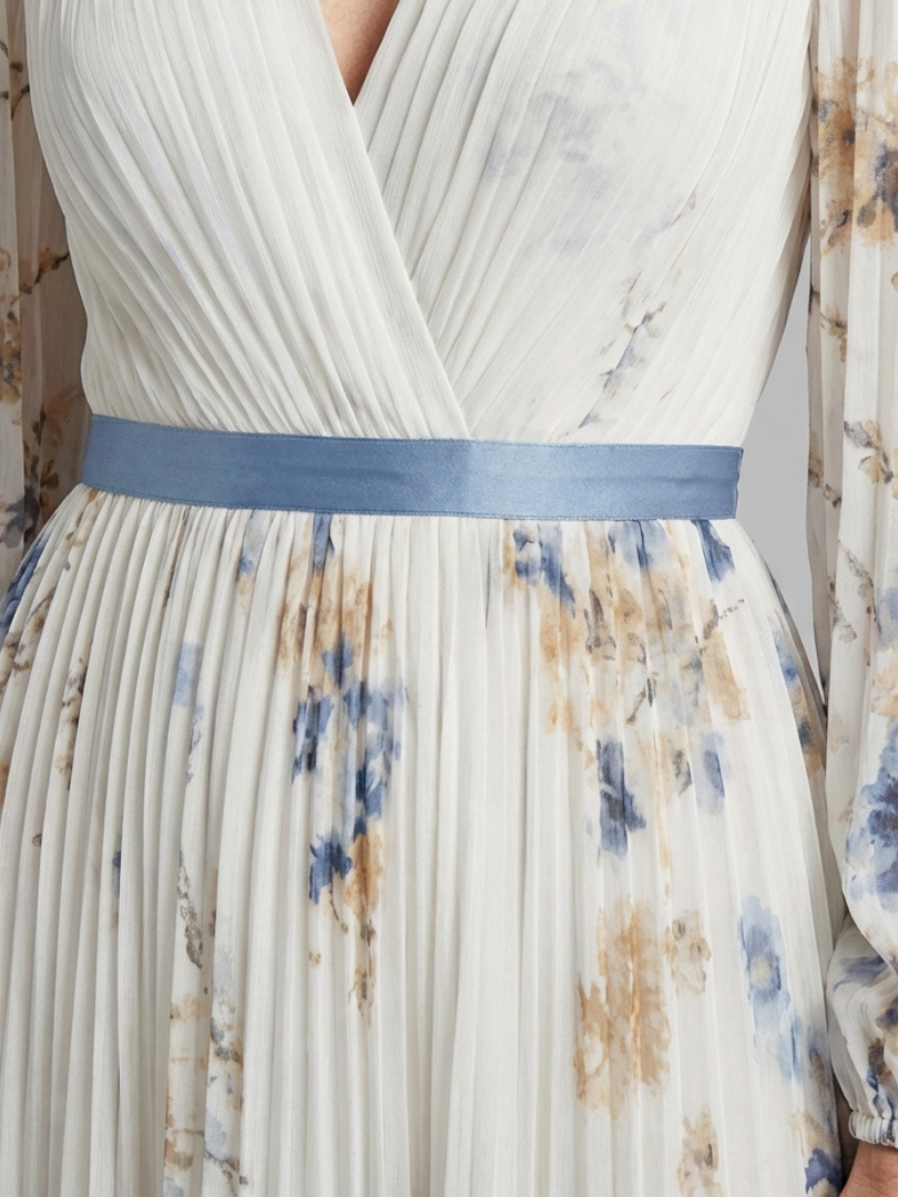 Floral V-Neck Floral Bishop Sleeve Pleated Chiffon Maxi Gown 5