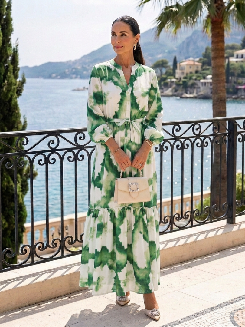 Floral Split Neck Tie-Dye Long Sleeve Tie Waist Tiered Maxi Dress