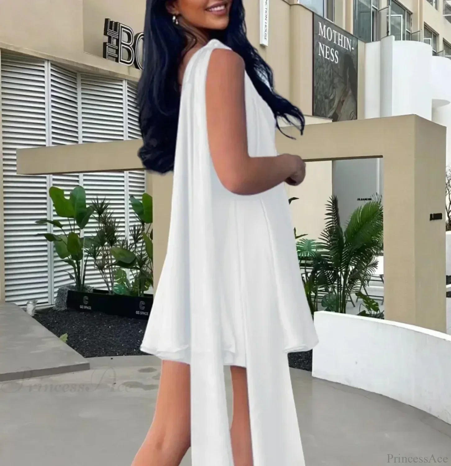 Diagonal Shoulder Mesh Mini Dress