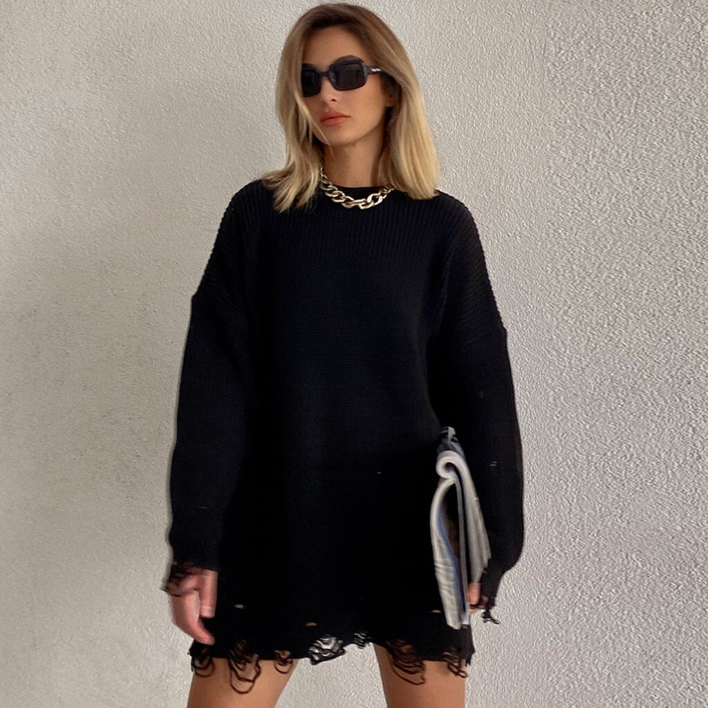 Black Round Neck Distressed Frayed Hem Long Sleeve Sweater Mini Dress