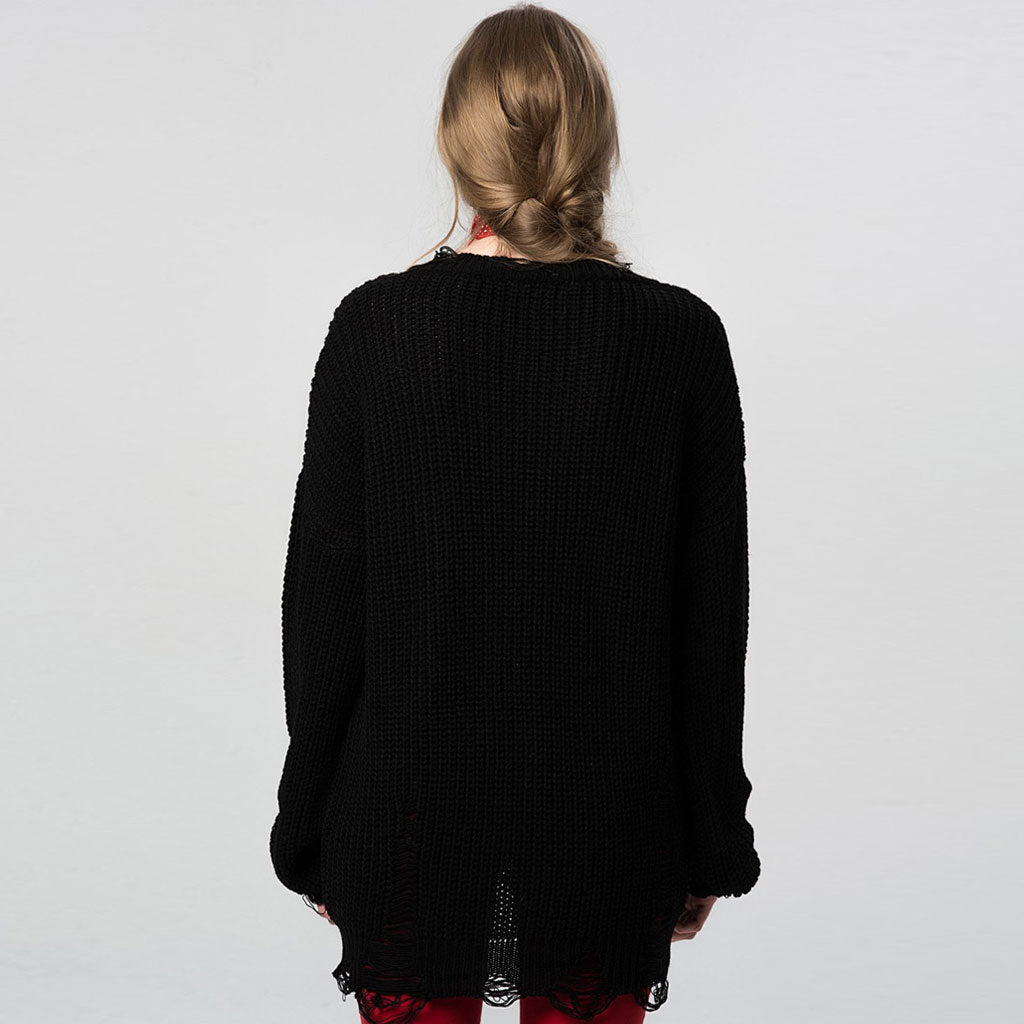 Black Round Neck Distressed Frayed Hem Long Sleeve Sweater Mini Dress