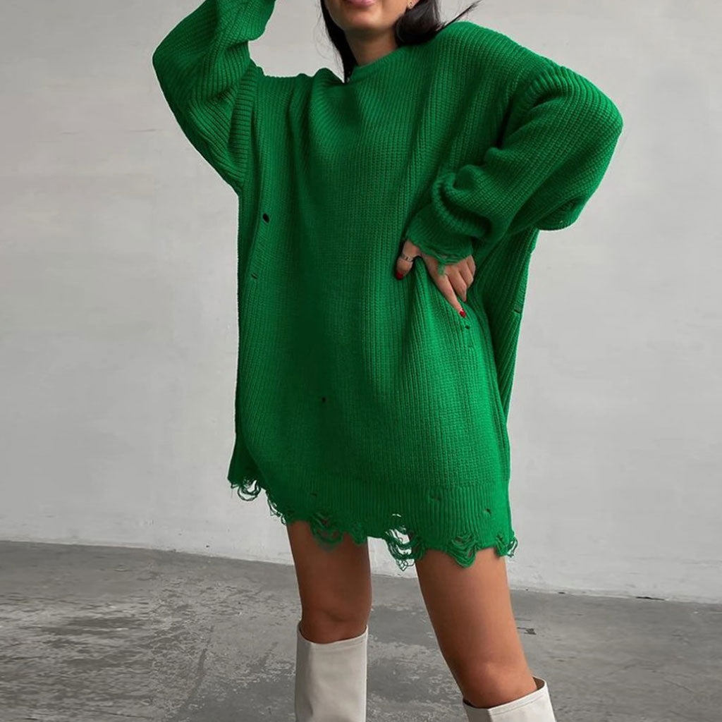 Emerald Green Round Neck Distressed Frayed Hem Long Sleeve Sweater Mini Dress