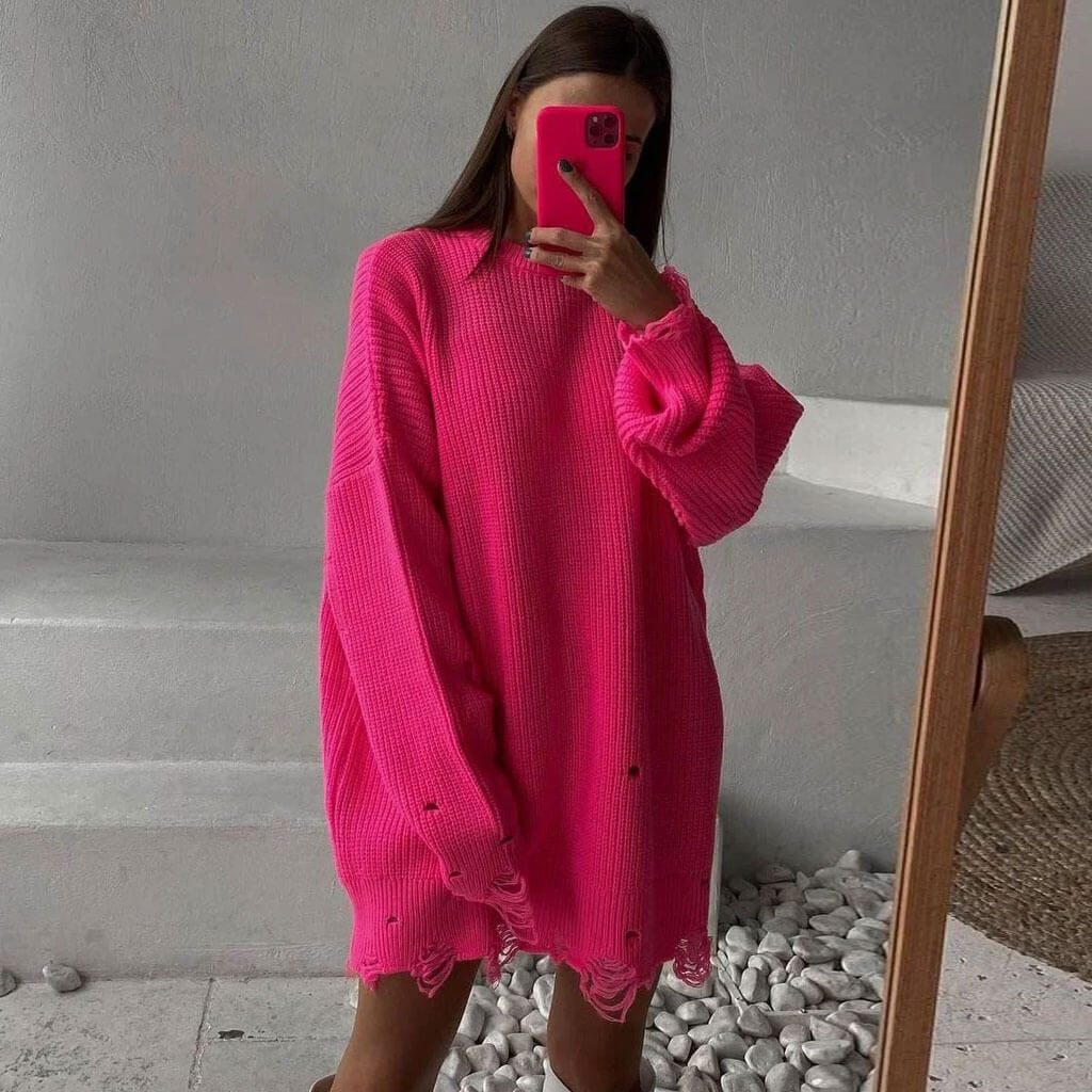 Rose Round Neck Distressed Frayed Hem Long Sleeve Sweater Mini Dress