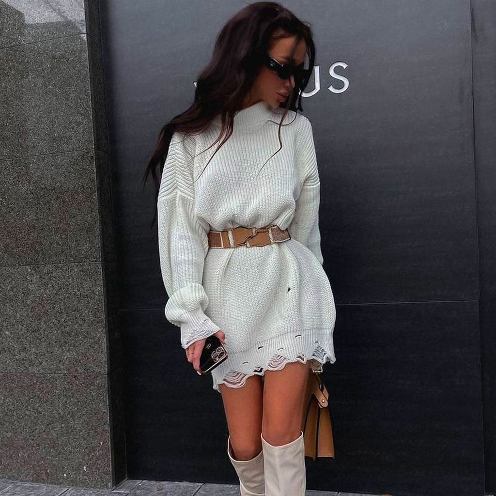 White Round Neck Long Sleeve Distressed Hem Sweater Mini Dress