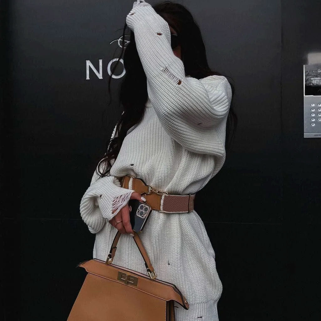 Distressed Trim Pullover Sweater Modern Mini Dress - Rose L / White Dresses