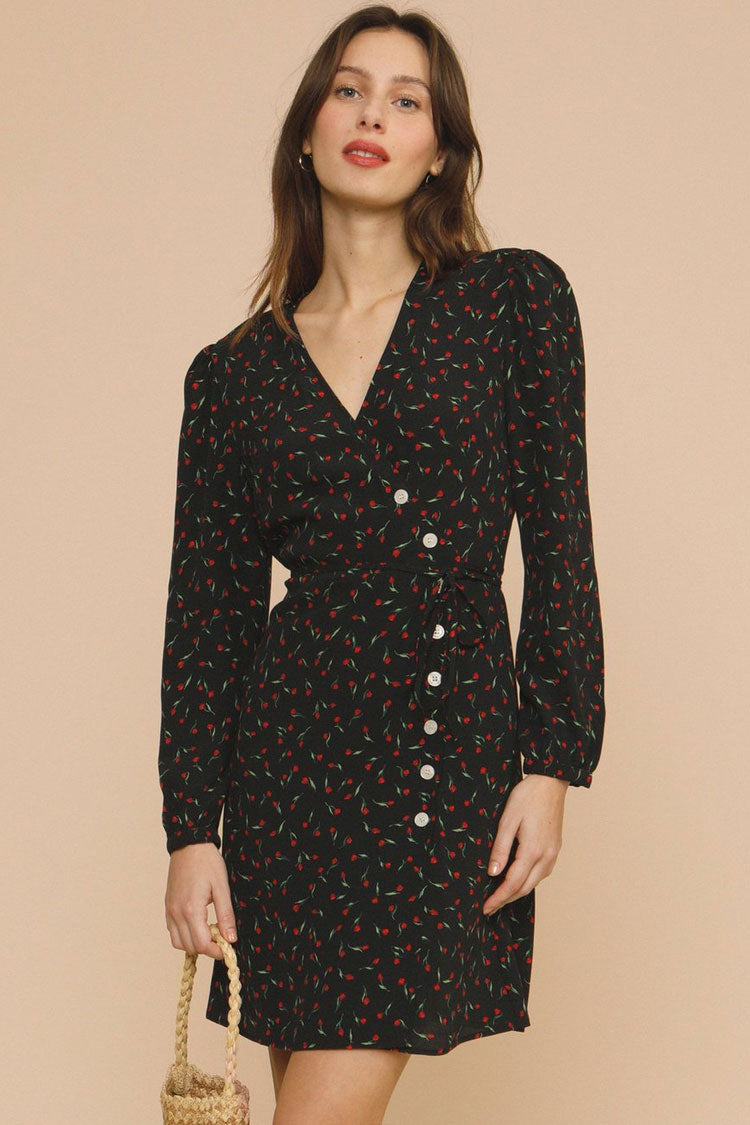 Black V-Neck Long Sleeve Ditsy Floral Button Front Belted Mini Dress