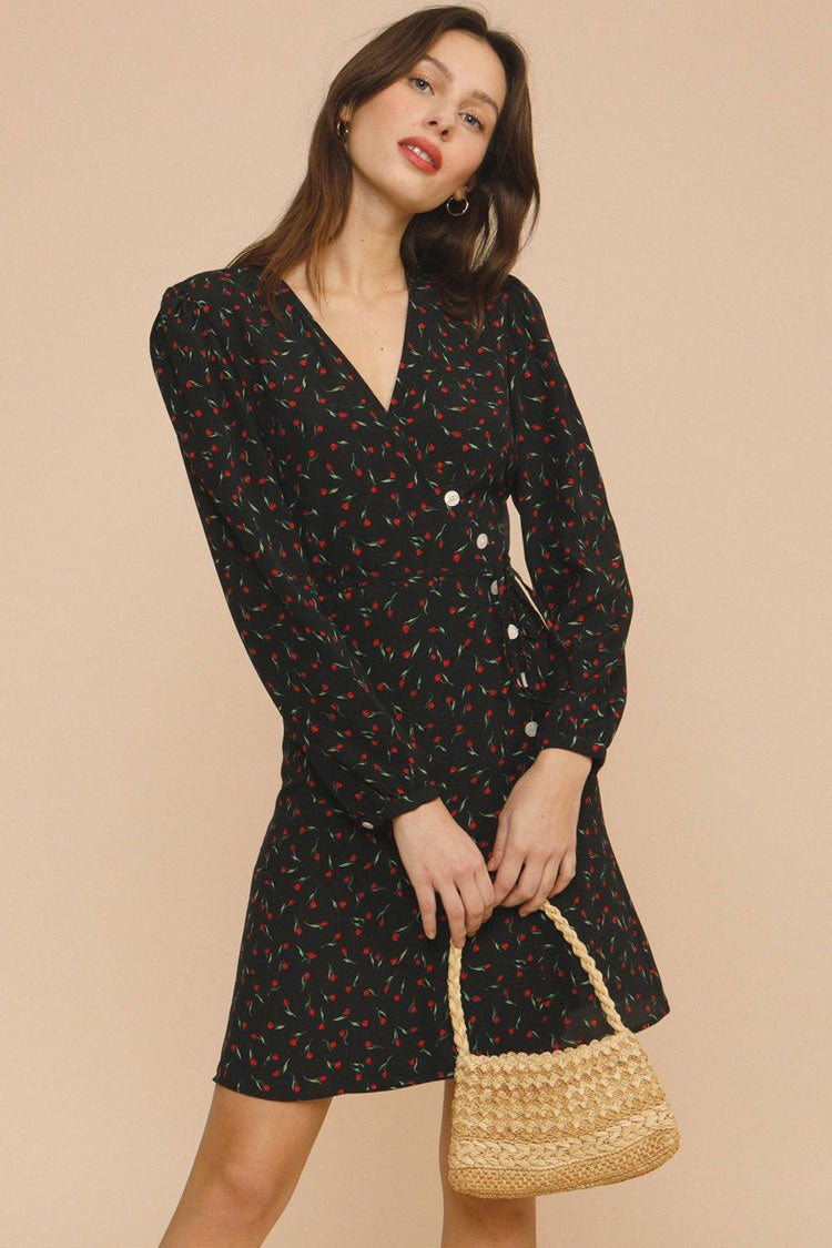 Black V-Neck Long Sleeve Ditsy Floral Button Front Belted Mini Dress