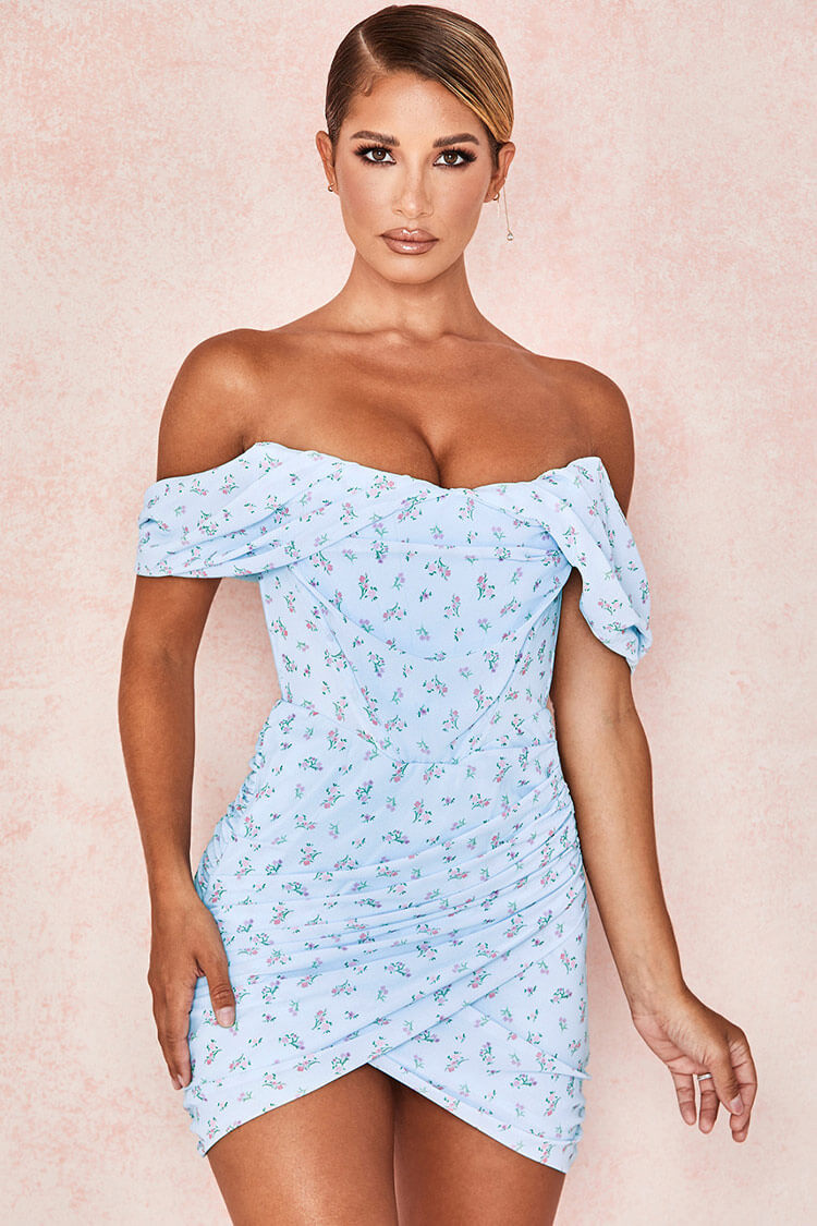 Light Blue Off-Shoulder Ditsy Floral Draped Corset Ruched Bodycon Mini Dress