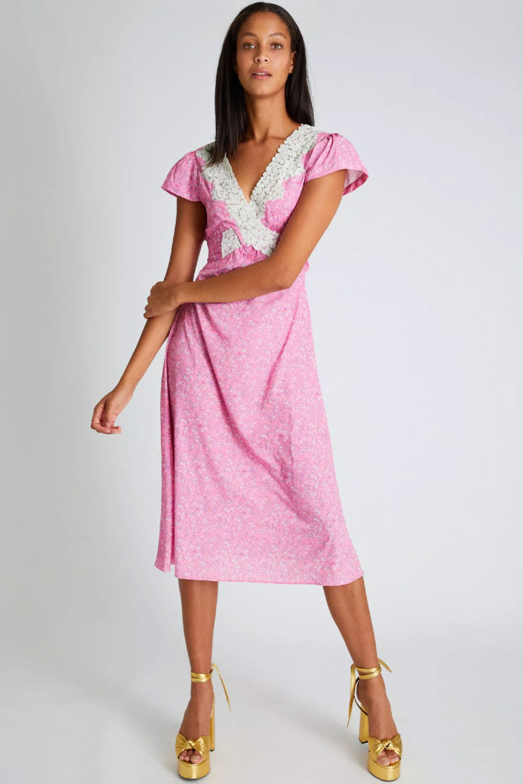 Pink V-Neck Lace Trim Ditsy Floral Flutter Sleeve A-Line Midi Dress
