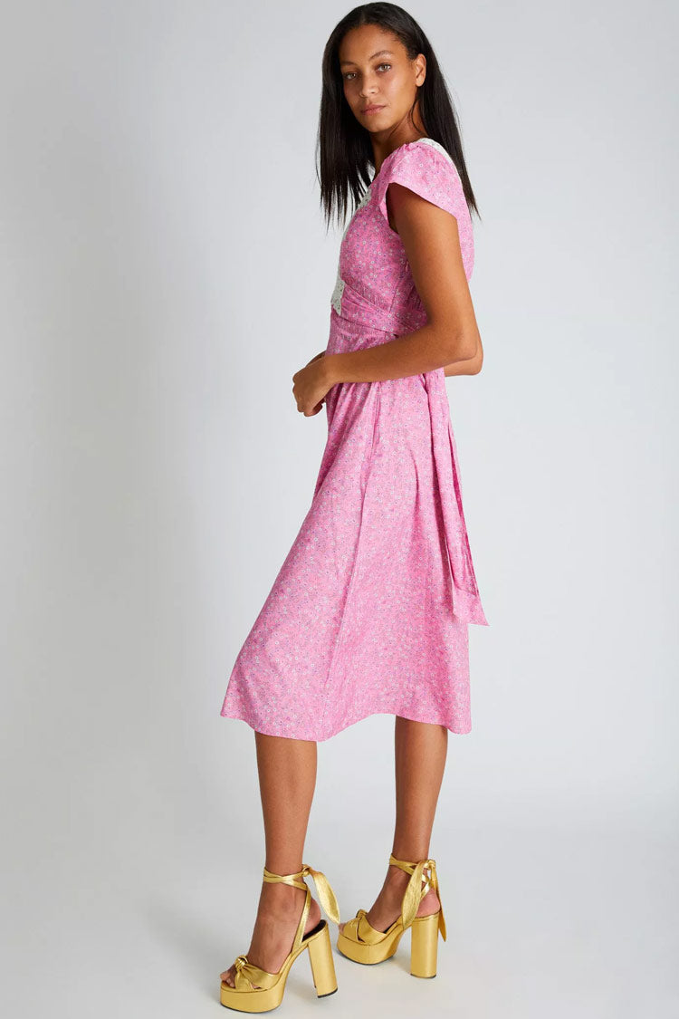 Pink V-Neck Lace Trim Ditsy Floral Flutter Sleeve A-Line Midi Dress