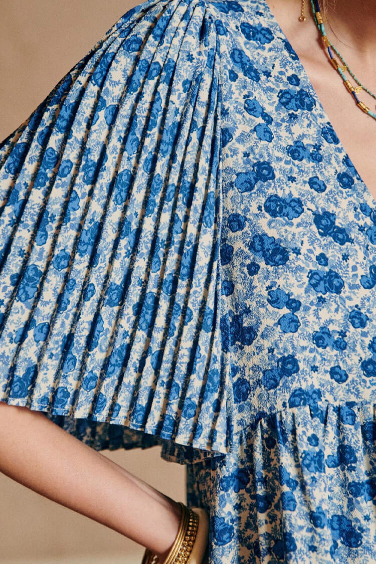 Blue V-Neck Ditsy Floral Pleated Sleeve Babydoll Mini Dress