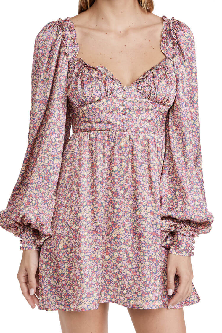 Pink Sweetheart Ruffle Puff Sleeve Ditsy Floral Babydoll Mini Dress