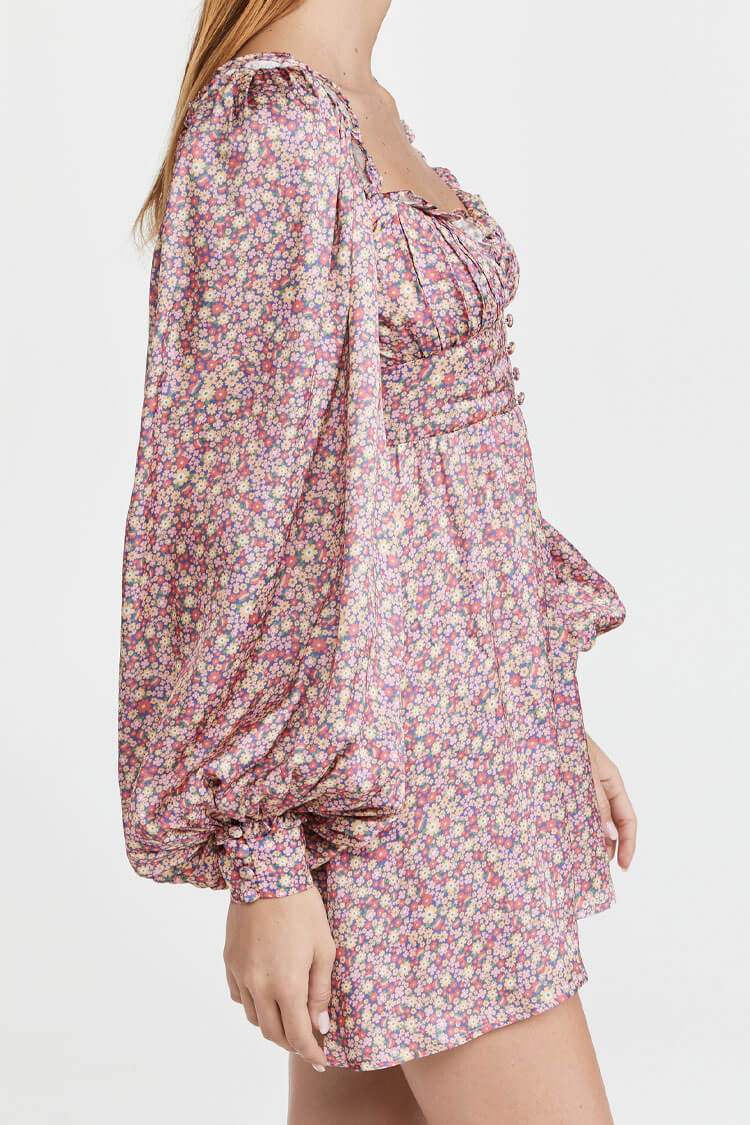 Pink Sweetheart Ruffle Puff Sleeve Ditsy Floral Babydoll Mini Dress