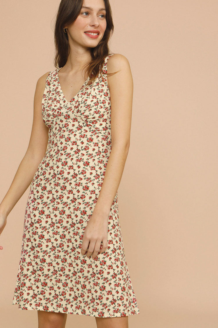 Cream V-Neck Ditsy Floral Print Sleeveless A-Line Midi Sundress