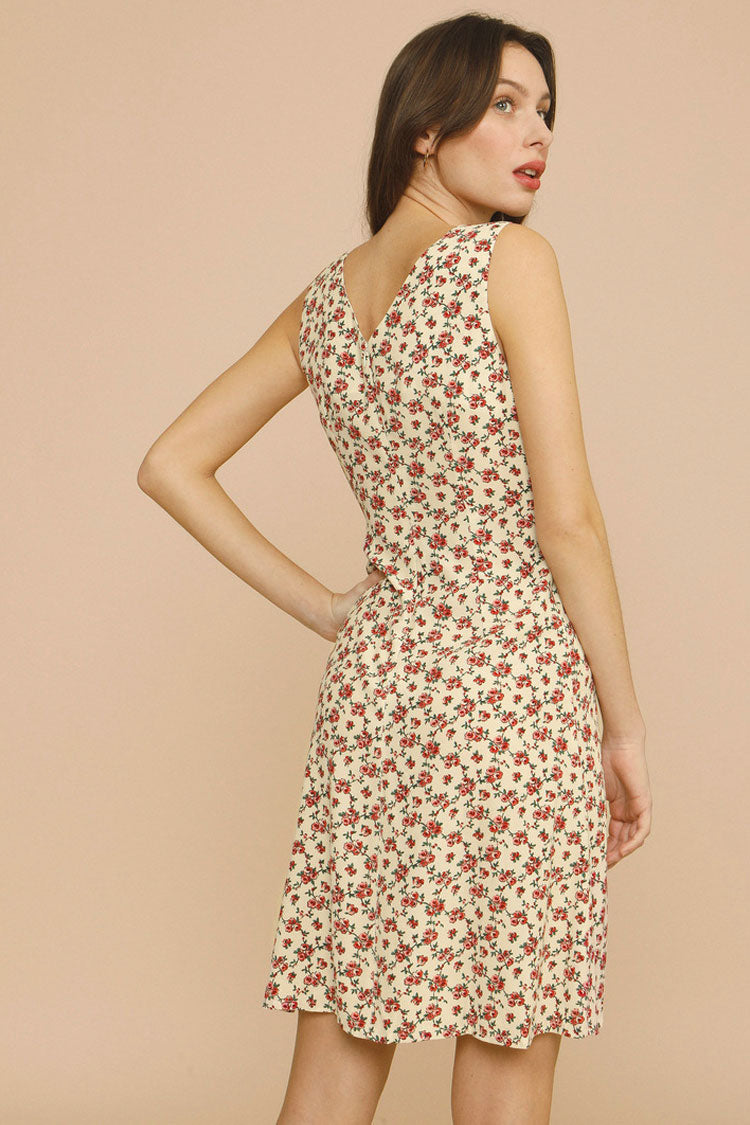 Cream V-Neck Ditsy Floral Print Sleeveless A-Line Midi Sundress