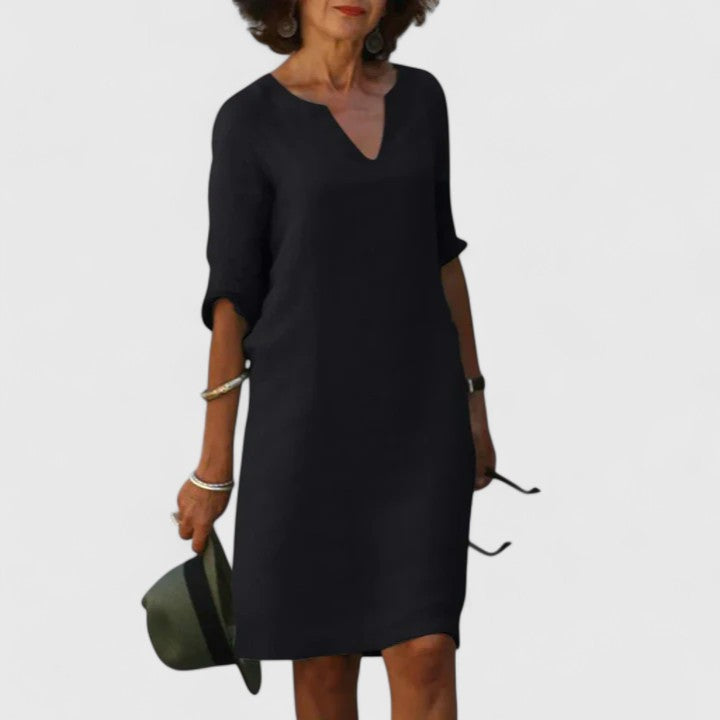 Notch V-Neck Roll-Tab Sleeve Linen Shift Midi Dress