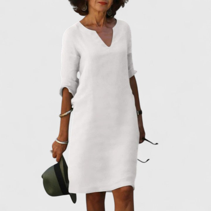 Notch V-Neck Roll-Tab Sleeve Linen Shift Midi Dress