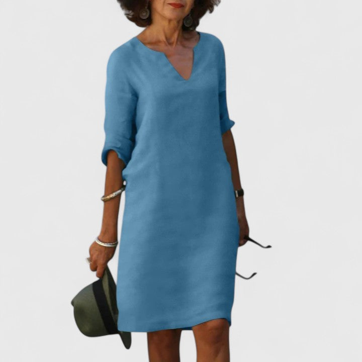 Notch V-Neck Roll-Tab Sleeve Linen Shift Midi Dress