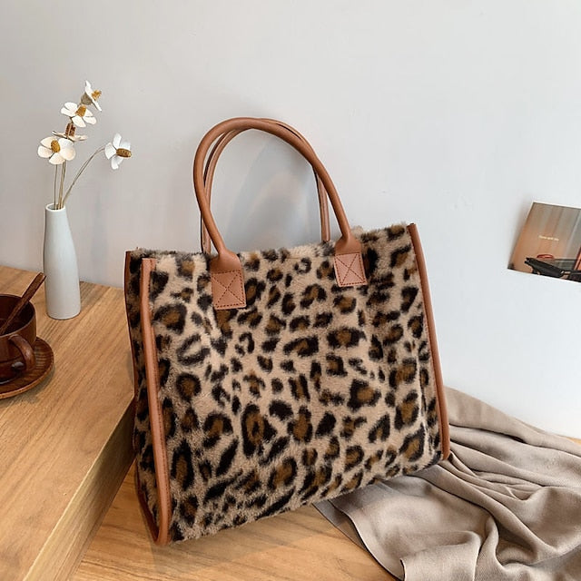 Leopard Faux Fur Leather Trim Tote Bag