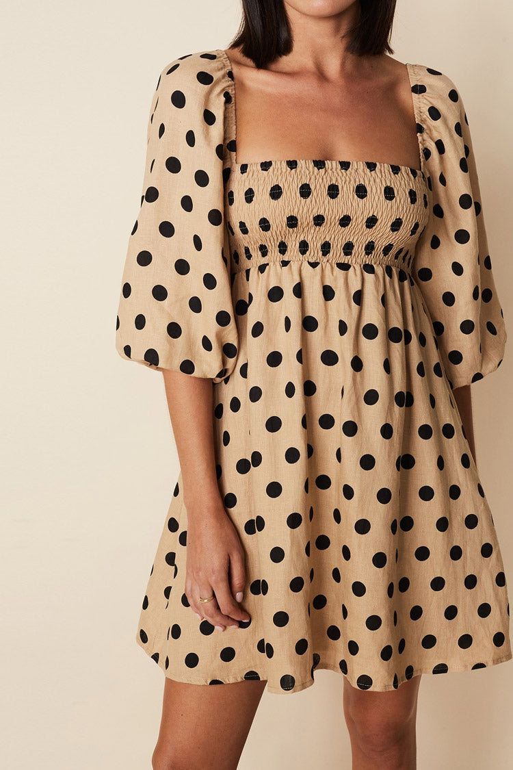 Coffee Square Neck Polka Dot Puff Sleeve Smocked Babydoll Mini Dress