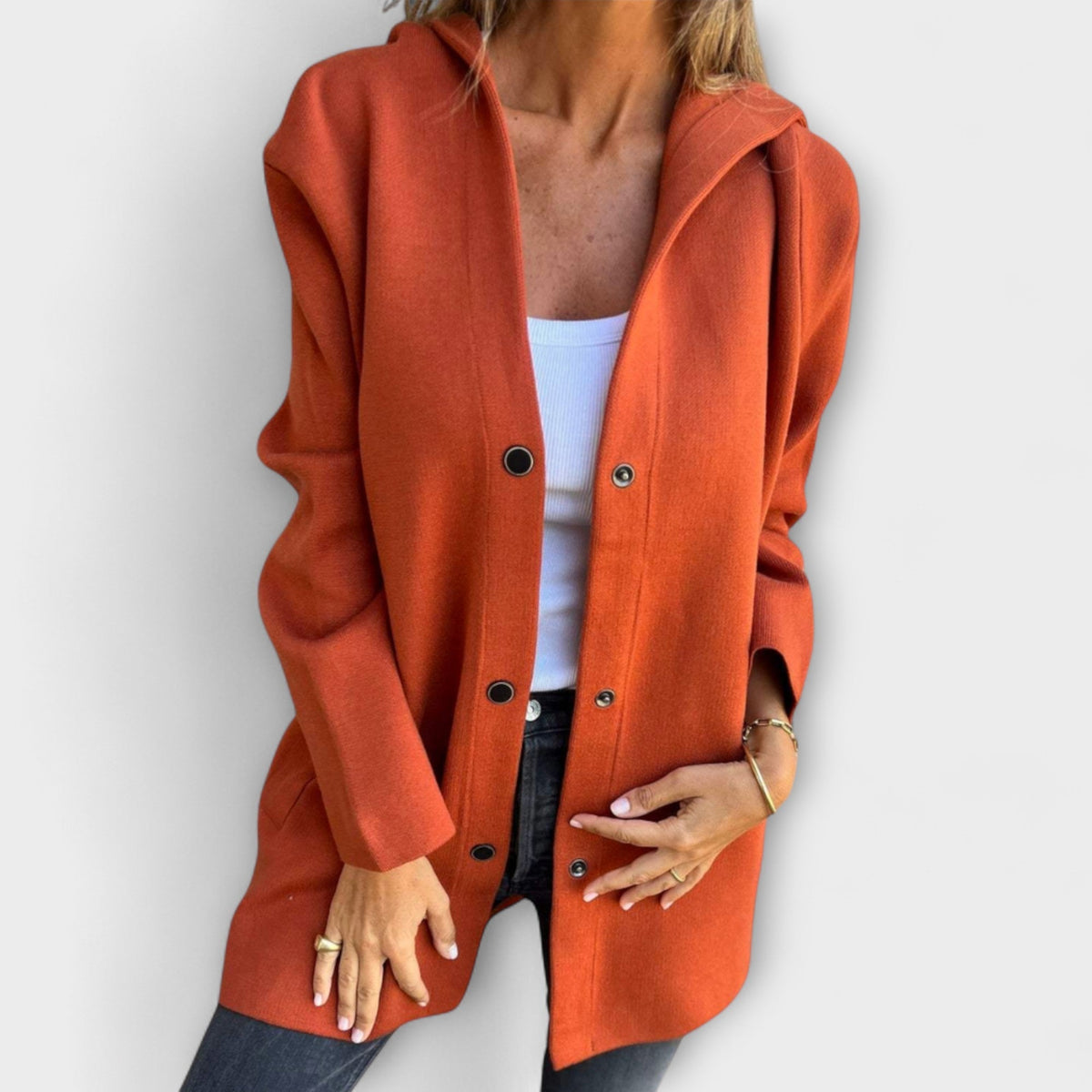 Hooded Snap Button Long Sleeve Pocket Longline Coat