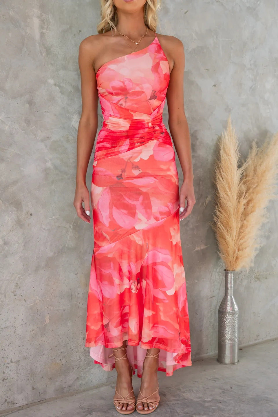 One-Shoulder Floral Print Ruched High-Low Ruffle Mermaid Maxi Dress 2