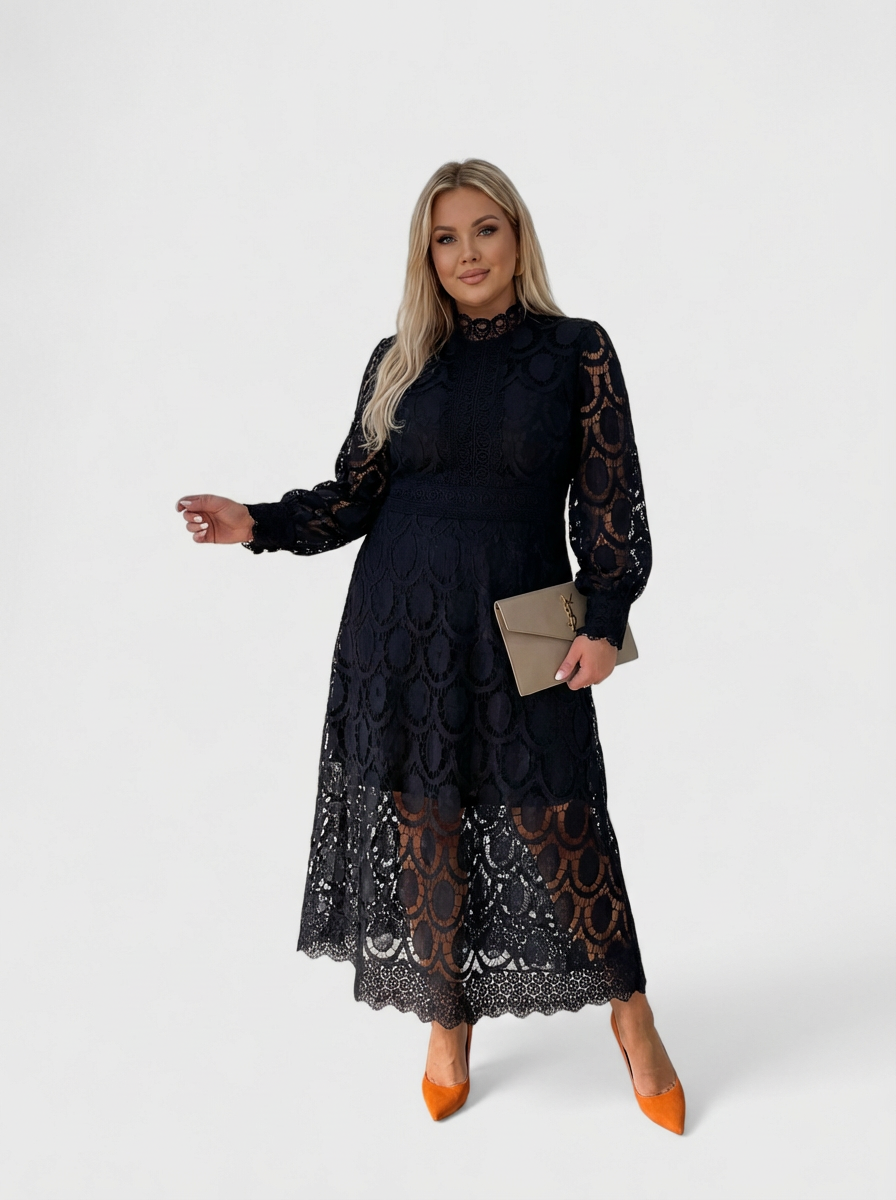 High Neck Crochet Lace Long Puff Sleeve Scalloped A-Line Midi Dress