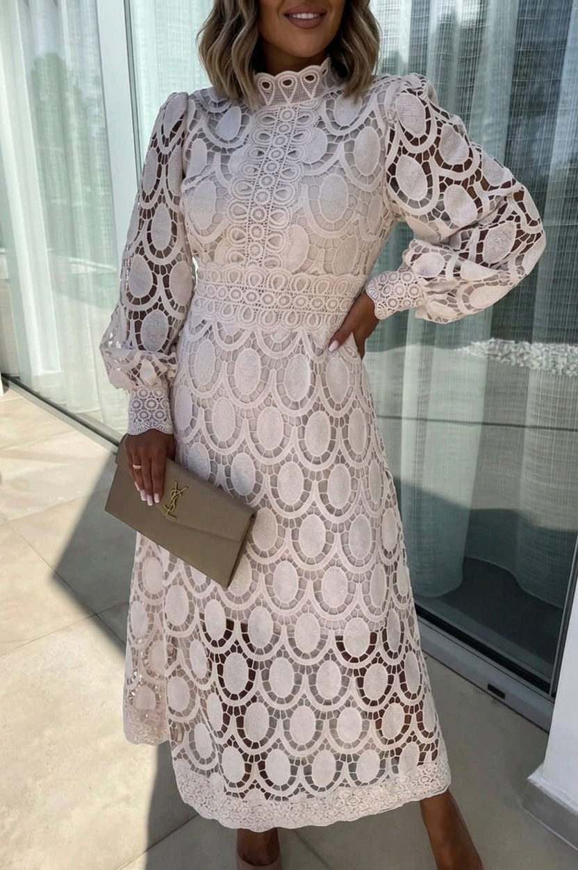 High Neck Crochet Lace Long Puff Sleeve Scalloped A-Line Midi Dress