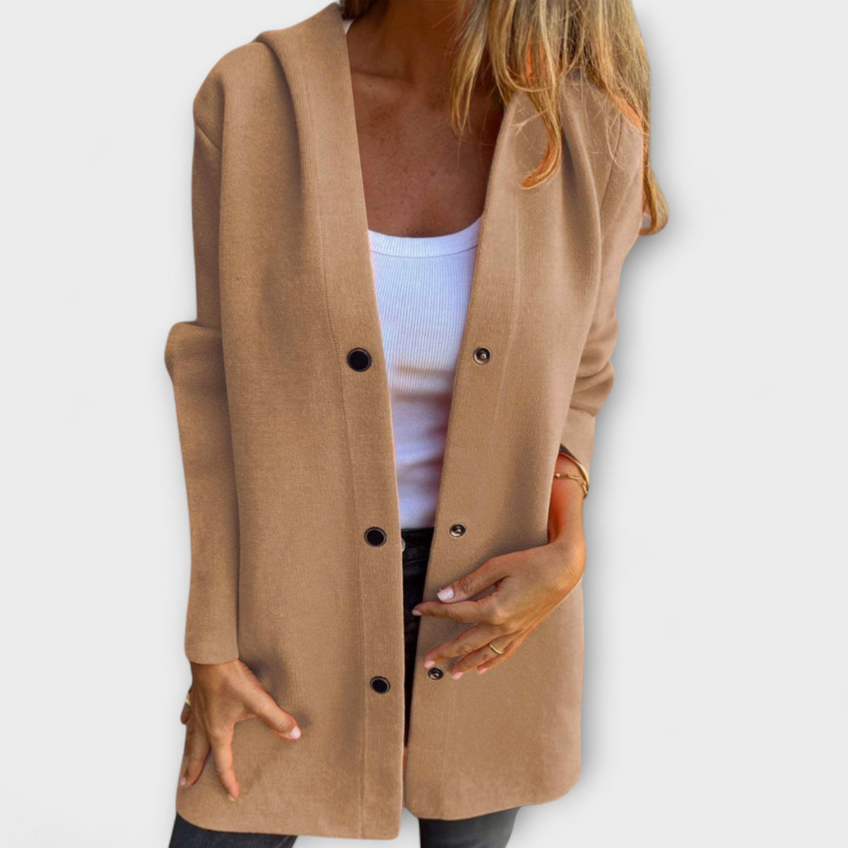 Hooded Snap Button Long Sleeve Pocket Longline Coat