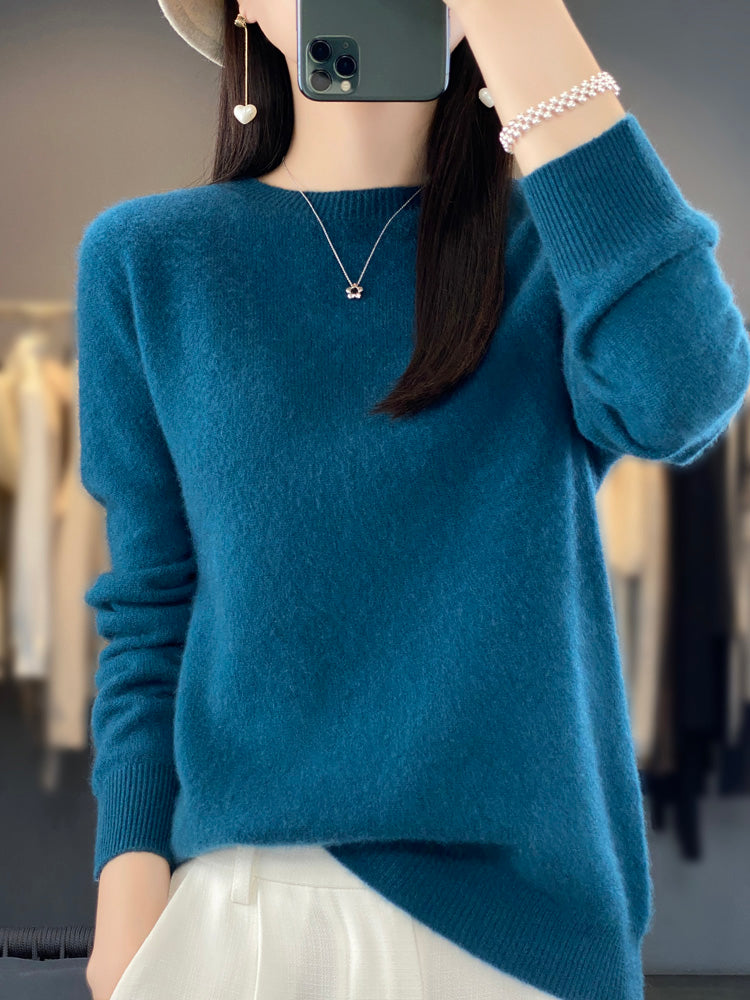Round Neck Long Sleeve Ribbed Trim Knit Sweater 2