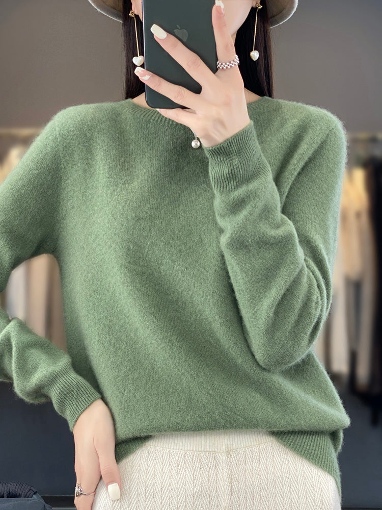 Round Neck Long Sleeve Ribbed Trim Knit Sweater