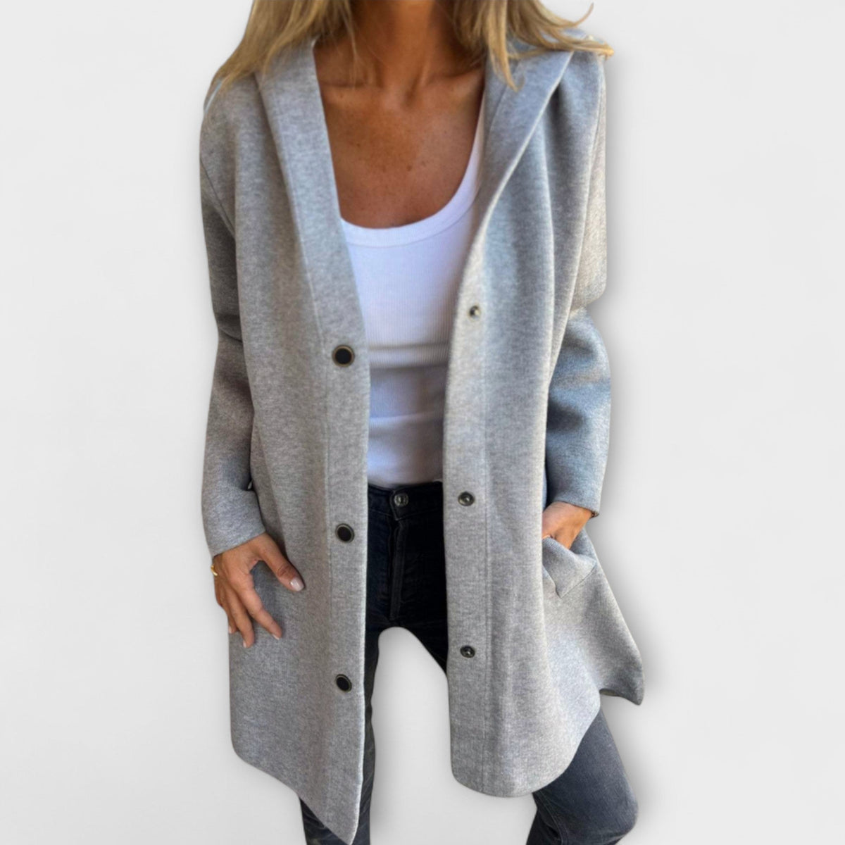 Hooded Snap Button Long Sleeve Pocket Longline Coat